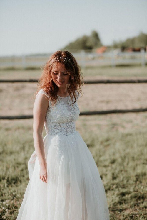 Suknia ślubna Paolo Sebastian, rustykalna, delikatna koronka