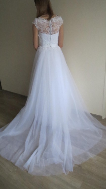Suknia ślubna zwiewna romantyczna koronka tiul tren 34/36