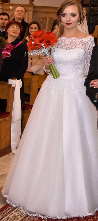 Suknia ślubna z rękawkiem 3/4 (koronka) r. 38; 166 cm + 10cm