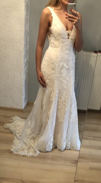 Suknia ślubna rustykalna boho koronka tren 36 38