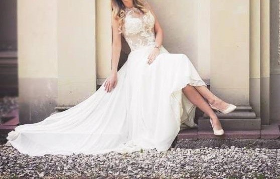 Suknia Carmen z koronki i muślinu