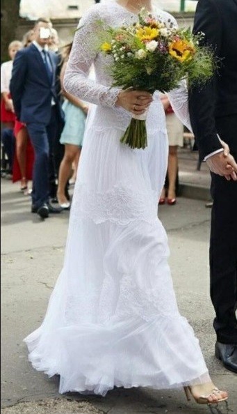 Suknia ślubna bohi tiul koronka kropki flock odkryte plecy