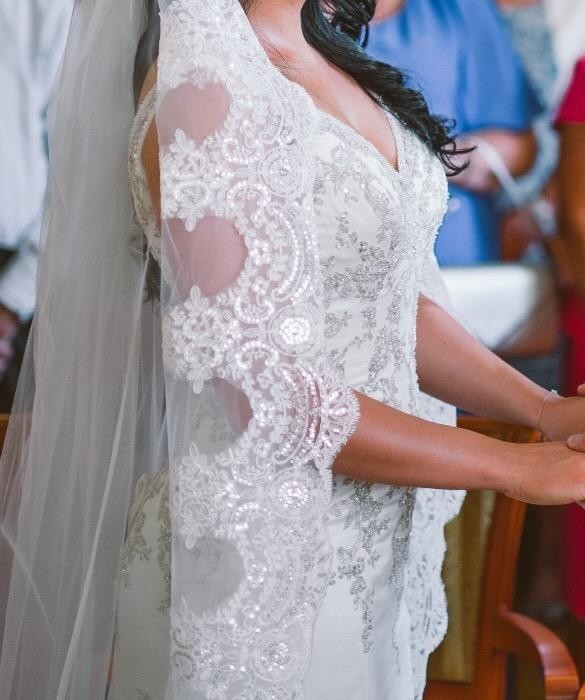 Suknia ślubna rybka odkryte plecy 36/38 + welon 4m