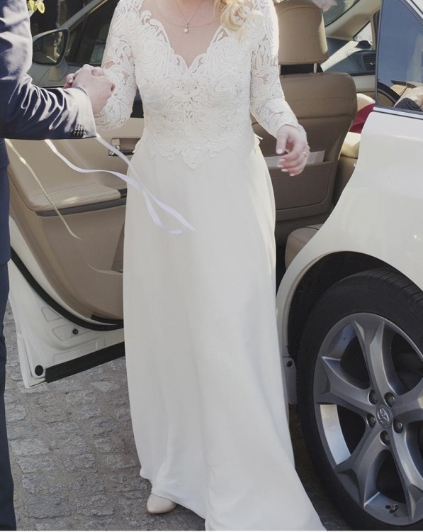 Suknia ślubna długi rękaw koronka gipiura 40 ecru