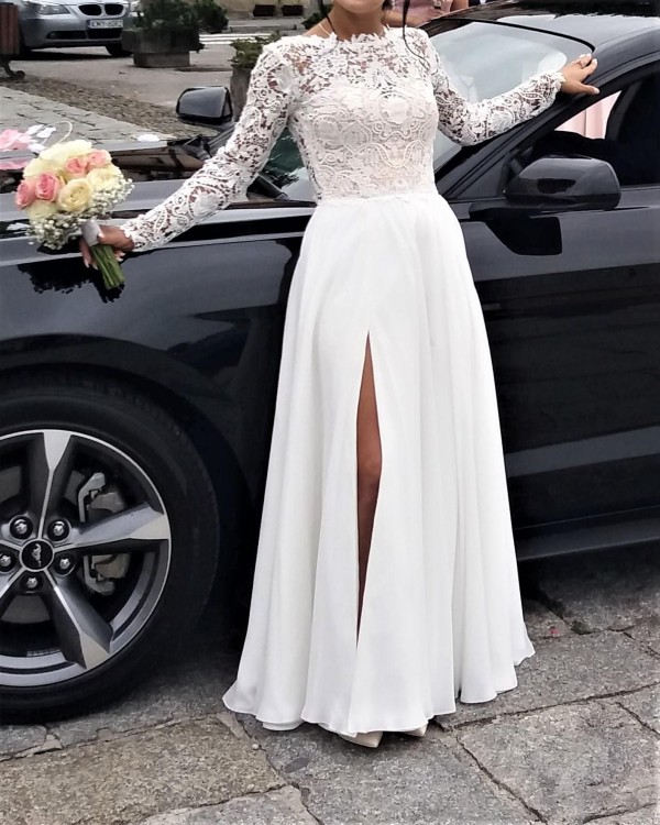 Suknia Ślubna gipiura muślin wycięte plecy rozcięcie