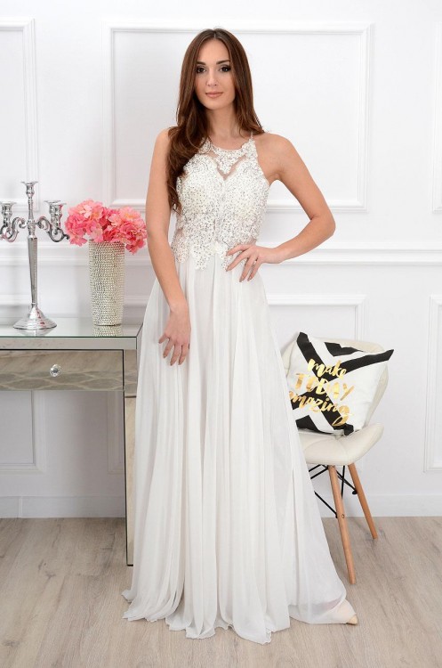 Biała sukienka maxi, na poprawiny, cyrkonie