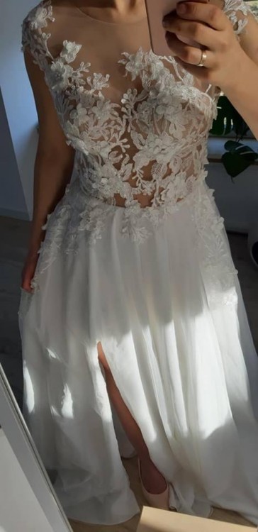NOWA suknia ślubna kwiaty 3D gołe plecy rozporek TANIO
