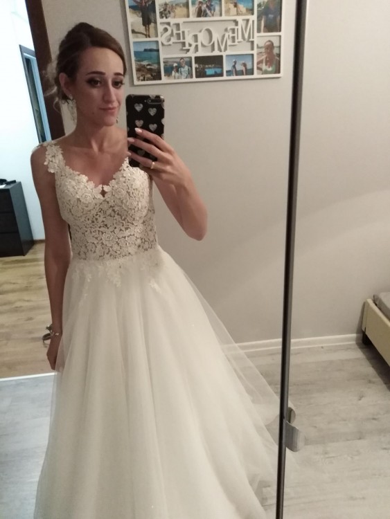 Przepiękna suknia ślubna koronka tiul 34 164cm + 8cm obcas