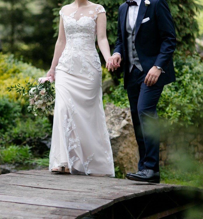 Suknia szyta hiszpańska 2w1 odpinany pas dopasowana 34 36