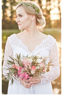 Rustykalna suknia ślubna koronka+muślin rozcięcie rękaw tren