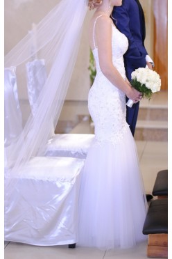 Suknia ślubna syrena tiulowa na ramiączkach 34 + welon