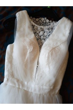 Zwiewna suknia ślubna ivory z trenem koronka 34 xs 36 s