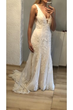 Suknia ślubna rustykalna boho koronka tren 36 38