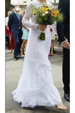 Suknia ślubna bohi tiul koronka kropki flock odkryte plecy