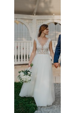 Suknia Ślubna SABE - Piekna koronka + jedwabny tiul
