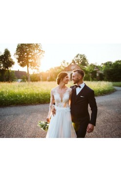 Piękna Suknia Fulara&Żywczyk. Długi rękaw, koronka, muślin.