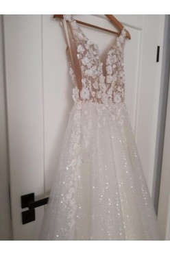 Nowa suknia ślubna tren gołe plecy kwiatki 3D cekiny 34/36