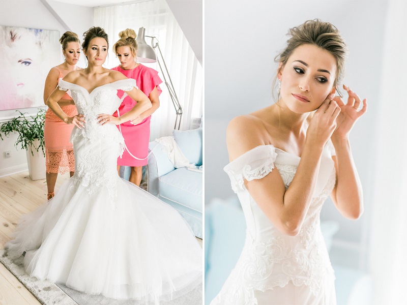 невеста застегивает свадебное платье, легкое свадебное платье, slubnaglowie.pl